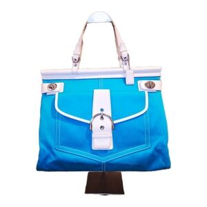 Coach 9367 Hampton Color-Block RARE Aqua-White Canvas/Leather Carryall Tote Bag